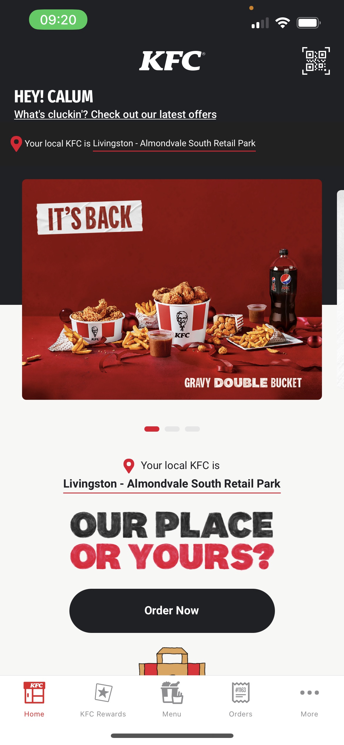 KFC customer app showing the menu campaign, local restaurant and Order Now entry point