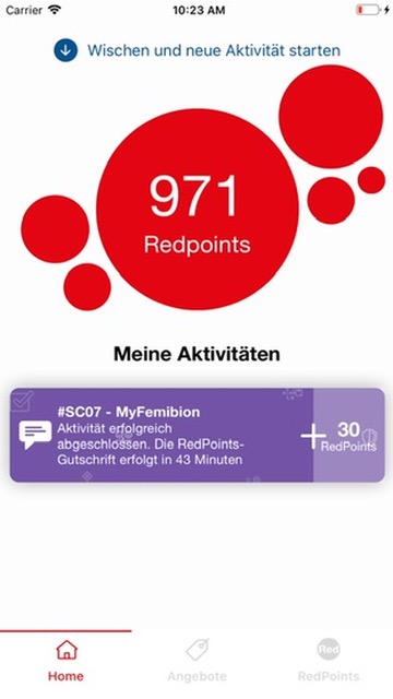 Redpoints development screen showing 971 points and a completed activity awaiting credit